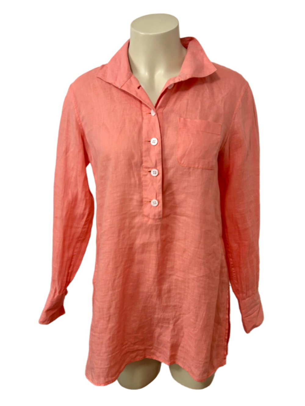Paperwhite Coral 100% Linen Tunic Shirt Size 2 Long Sleeve Button Front